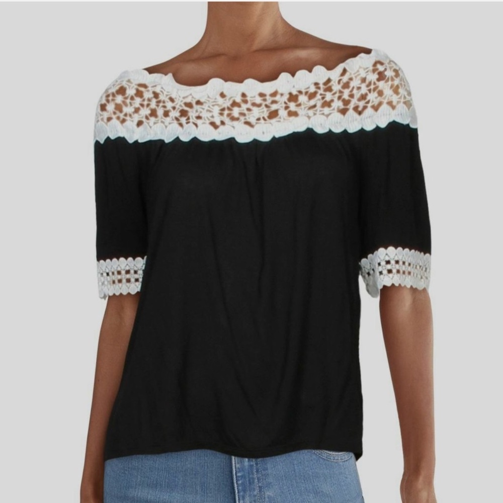 NWOT INC International Concepts Black Top with White Lace